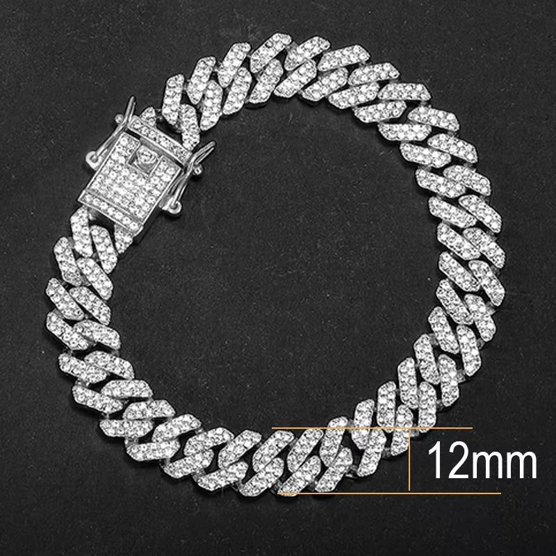 Hip Hop 13MM Rhinestones Prong Iced Out Cuban Link Chain Bracelet Men Women Gold Color Bling Butterfly Cuban Bracelet Jewelry A+